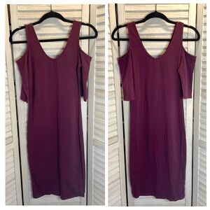 Papaya Plum Purple Slim and Stretchy Cold Shoulder V Neck Bodycon Mini Dress